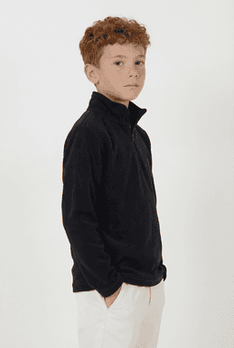 A youth black polar fleece 1/4 zip jacket, featuring a high collar and front zip, suitable for cooler weather.