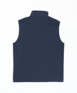 A navy softshell vest with a high collar, featuring a logo on the back. Ideal for layering.