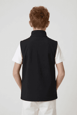 A black youth softshell vest shown from the back, featuring a high collar and no sleeves.