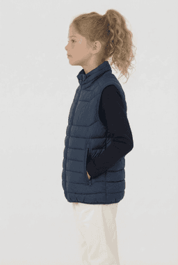 A navy blue youth puffer vest with a high collar, featuring side pockets and a fitted design.