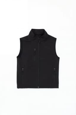 A black softshell vest with a high collar and two zippered front pockets. It features a logo on the front.