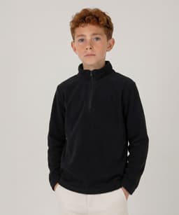 A black youth polar fleece jacket featuring a 1/4 zip, displayed on a young model.