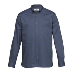A navy button-up shirt with a pocket and a branded label on the collar. Features long sleeves and brown buttons.