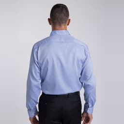 A light blue button-up shirt, viewed from the back, featuring long sleeves and a collar. It has a logo on it.