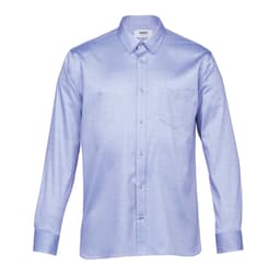 A light blue button-up shirt with long sleeves and a chest pocket, featuring a logo.