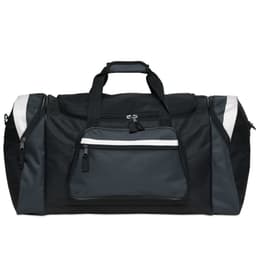 A black and grey duffle bag with multiple compartments and a prominent logo on the front.