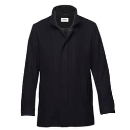 A dark navy wool jacket with a high collar and a front fastening, featuring side pockets and a brand logo.