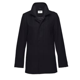 A black wool jacket with a collar and two side pockets, featuring a logo on the inner label.