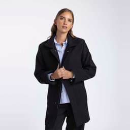 A wool jacket in black, featuring a collared neckline and button closure, worn by a model.