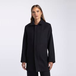 A wool jacket in black with a simple collar and side pockets, featuring a branding logo.