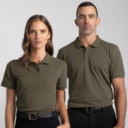 A women's olive green polo shirt with a collared neckline, presented alongside a male model in a similar design.