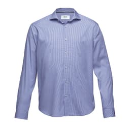 A button-up shirt in light blue with a classic collar and long sleeves, featuring a brand logo.