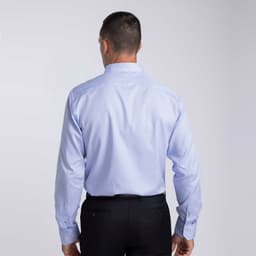 A men's button-up shirt in a light blue check pattern, featuring long sleeves and a collar. The shirt has a logo.