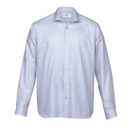 A button-up men's shirt in a blue and white check pattern, featuring a collar and long sleeves. It has a logo.