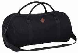 A black duffle bag with dual handles and a shoulder strap, featuring a small logo.