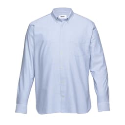 A light blue button-up shirt with a collar and a front pocket, featuring a logo on the label.