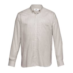 A button-up shirt in a check pattern with light beige and brown colours. Features a collar and long sleeves.