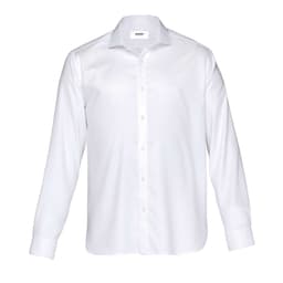 A white long-sleeved button-up shirt with a collar and a logo. Suitable for corporate wear.