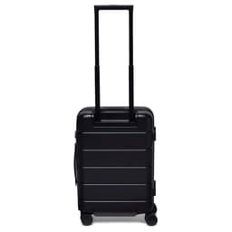 A black hardcase trolley with a retractable handle and wheels for easy transport. It features a logo.