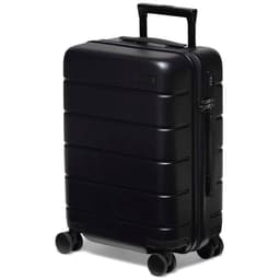 A black hardcase trolley with multiple wheels, featuring a sturdy handle and a sleek surface design.