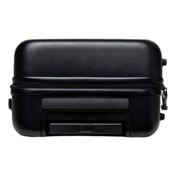 A black hardcase trolley with a zipper, featuring wheels and a retractable handle. It has a simple design and a logo.