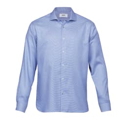 A light blue button-up shirt with long sleeves and a collar, featuring a logo on the chest.