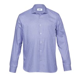 A men's button-up shirt featuring a purple and white check pattern, crafted from breathable fabric, with a collar and logo.
