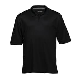 A black polo shirt with short sleeves and a collar, featuring a logo on the front.