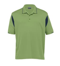 A green polo shirt with navy blue accents and a logo. Short sleeves and a classic collar design.