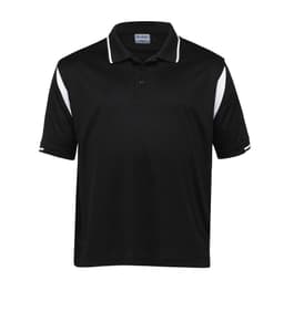 A black polo shirt with white accents and a logo on the chest, featuring a classic collar and short sleeves.