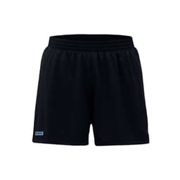 Black women's sports shorts with an elastic waistband and a small branding logo on the side.