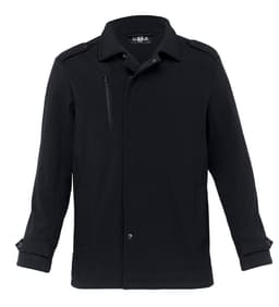 A men's soft shell jacket in black with a collar and multiple pockets. It features a logo on the front.