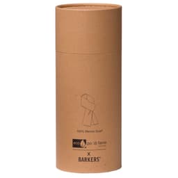A cylindrical cardboard packaging for a 100% Merino scarf, featuring a minimalist design and a logo.