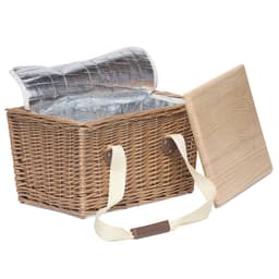 A brown wicker picnic basket with a silver insulated interior and a removable wooden lid.