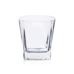 A clear glass tumbler with a square base and tapered sides, showcasing a sleek and modern design.