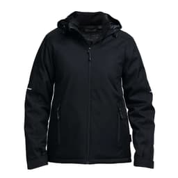 A black soft shell jacket featuring a hood, zippered pockets, and a logo on one sleeve.
