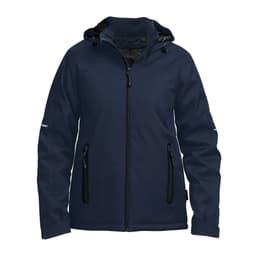 A navy soft shell jacket with a hood, featuring zipped pockets and a logo on the side.