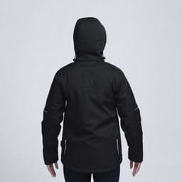 A soft shell jacket in black, featuring a hood and a sleek design, presented from the back.