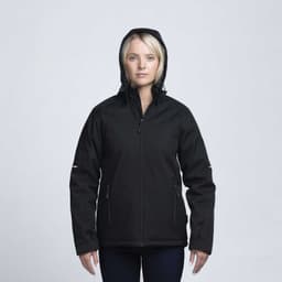 A black soft shell jacket with a hood, featuring zippers and pockets, modelled by a woman.