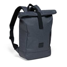 A grey roll-top backpack with a zip pocket and adjustable straps, featuring a logo on the front.