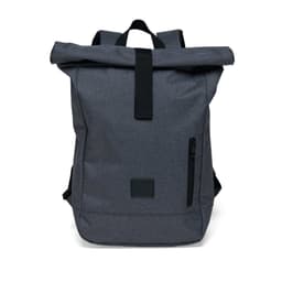 A grey roll-top backpack with adjustable straps, a front zip pocket, and a small logo patch.