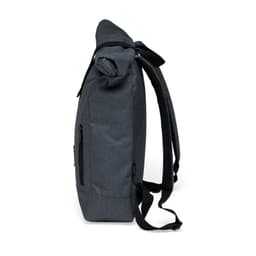 A grey roll top backpack with adjustable straps, zippers, and a branding logo on the side.