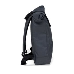 A dark grey roll-top backpack with adjustable straps and a smooth texture on the side.