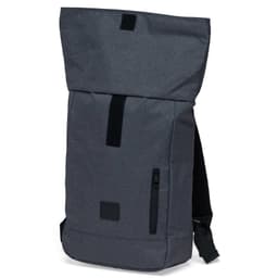 A grey roll-top backpack with a zipped pocket and a logo, featuring adjustable straps and a sleek design.