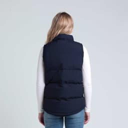 A navy puffa vest viewed from the back, featuring a sleeveless design and a simple silhouette.