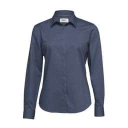 A women's button-up shirt in navy blue, featuring a collared neck and a branded logo.