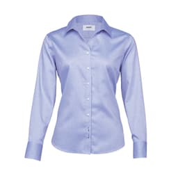 A lavender button-up shirt for women with long sleeves and a collar, featuring a logo on the chest.