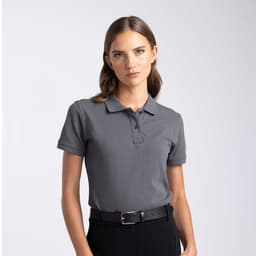 A women's polo shirt in grey, featuring a collar and short sleeves, with a logo on the chest.