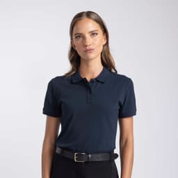 A navy polo shirt for women featuring a collar and short sleeves, paired with a black belt. It has a logo.