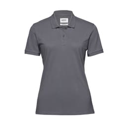 A women's polo shirt in grey with a collar, short sleeves, and a branding label on the neck.
